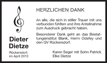 Traueranzeige von Dieter Dietze von Pegnitz-Zeitung